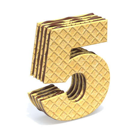 Waffles font with chocolate cream filling Number 5 FIVE 3D rendering illustration isolated on white...