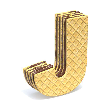 Waffles font with chocolate cream filling Letter J 3D rendering illustration isolated on white backgroundの写真素材