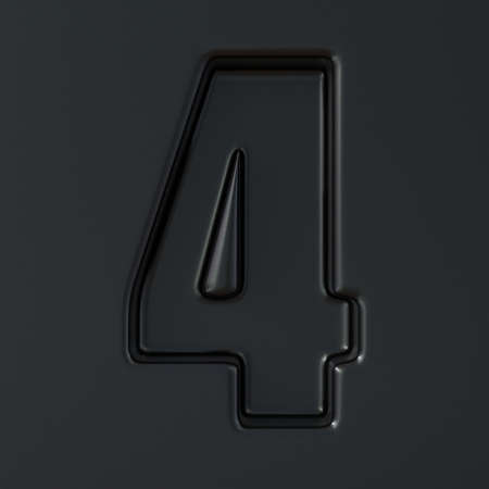 Black engraved font Number 4 FOUR 3D render illustration on black background