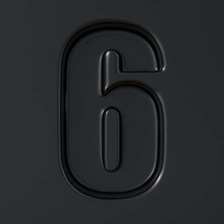 Black engraved font Number 6 SIX 3D render illustration on black backgroundの写真素材
