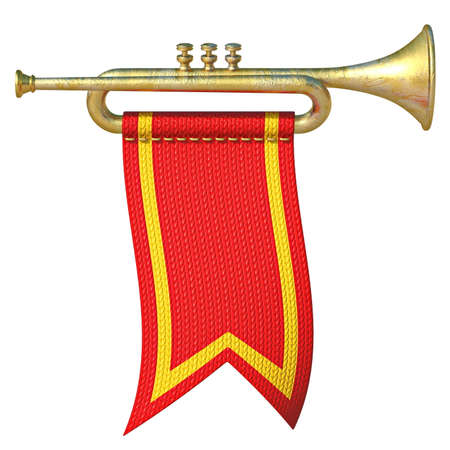 Trumpet with red flag 3D render illustration isolated on white backgroundの写真素材