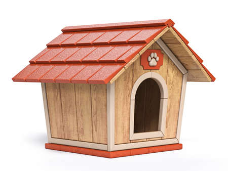 Wooden dog house Side view 3D render illustration isolated on white backgroundの写真素材