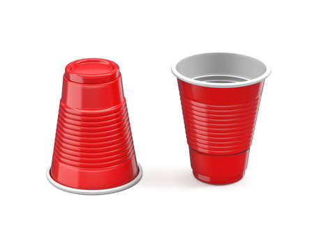 Two red plastic cup 3D render illustration isolated on white background