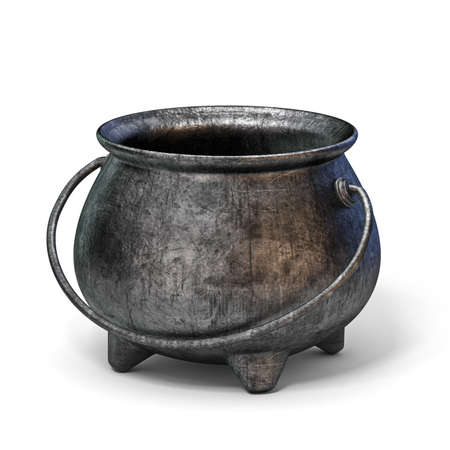 Empty iron cauldron 3D render illustration isolated on white backgroundの写真素材