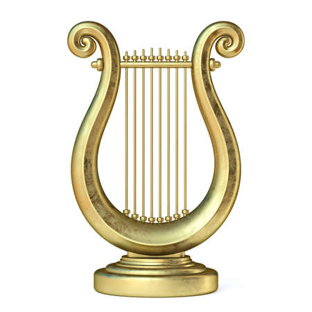 Golden lyre 3D render illustration isolated on white backgroundの写真素材