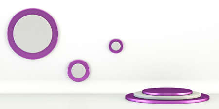 Purple mock up podium with circle frames 3D render illustration on white backgroundの写真素材