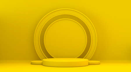 Yellow mock up winner podium circle shapes 3D render illustration on yellow backgroundの写真素材