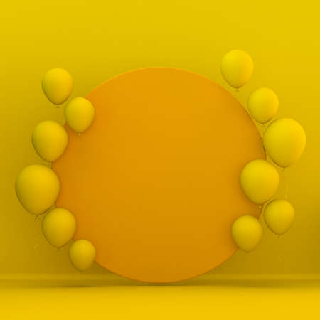 Orange circle with balloons 3D render illustration on yellow backgroundの写真素材