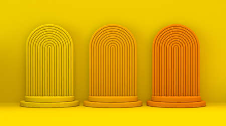 Three gradient yellow orange podium 3D render illustration on yellow backgroundの写真素材