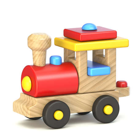 Wooden train locomotive 3D render illustration isolated on white backgroundの写真素材