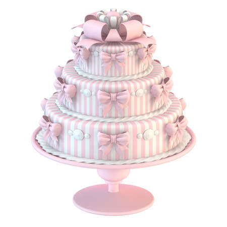 Pink white cake with ribbon bows 3D render illustration isolated on white background