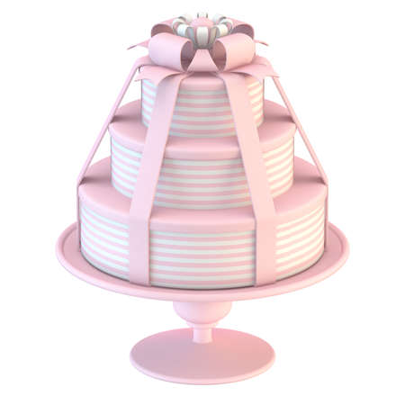 Pink white cake with ribbon bows 3D render illustration isolated on white backgroundの写真素材