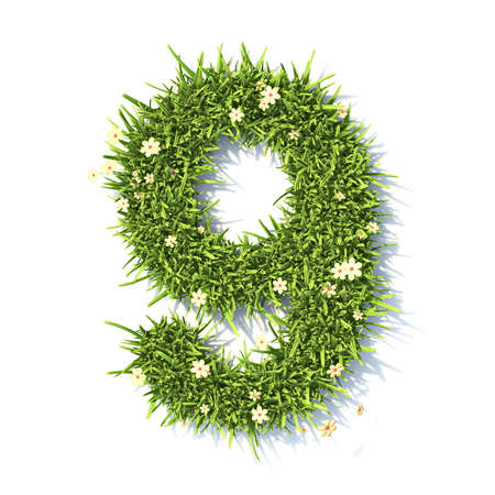 Grass font Number 9 NINE 3D rendering illustration isolated on white backgroundの写真素材