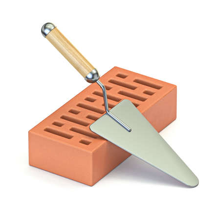 Trowel and brick 3D render illustration isolated on white backgroundの写真素材