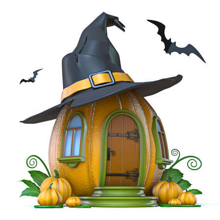 Halloween pumpkin house 3D render illustration isolated on white backgroundの写真素材