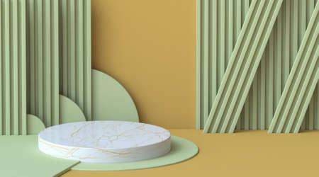 Green and brown abstract background with stripe pattern and circles wall 3D render illustration