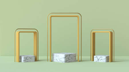 Abstract mock up podium with three marble square pedestals 3D render illustration on green...