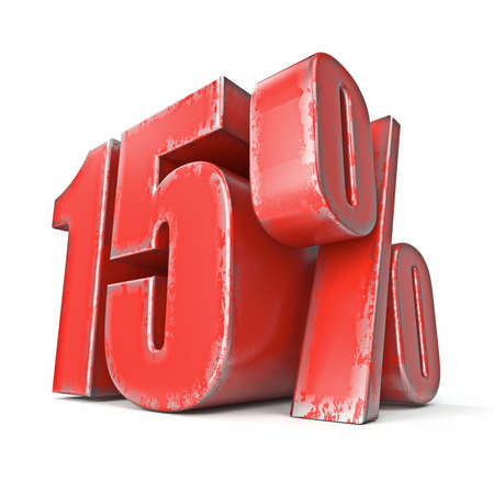Metal red colored grunge 15 percent sign 3D render illustration isolated on white backgroundの写真素材