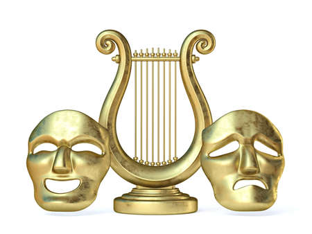 Golden lyre with happy and sad mask 3D render illustration isolated on white background