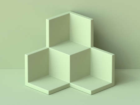 Abstract mock up cubes shelf 3D render illustration on green background