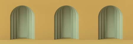 Abstract mock up three doors 3D render illustration on brown backgroundの写真素材