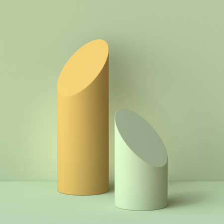 Mock up podium for product presentation green and brown 3D render illustration on green backgroundの写真素材