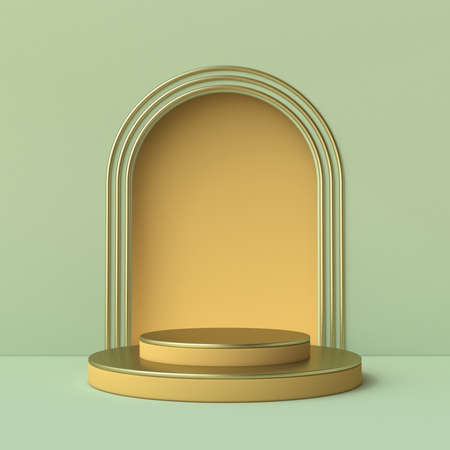 Mock up podium for product presentation door niche 3D render illustration on green backgroundの写真素材