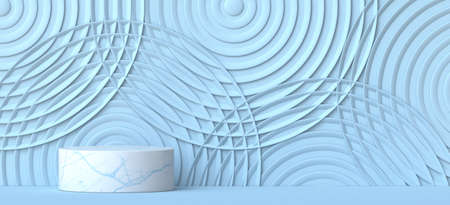 Mock up podium for product presentation with concentric circles 3D render illustration on blue...