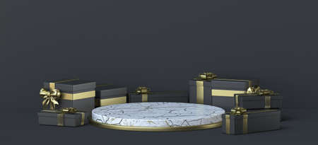 Abstract background white marble podium an golden black gifts 3D render illustration on black backgroundの写真素材