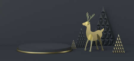 Abstract background reindeer and triangle Christmas trees 3D render illustration on black backgroundの写真素材