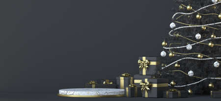 Abstract background black Christmas tree and gifts 3D render illustration on black backgroundの写真素材