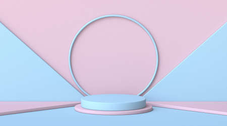 Mock up podium for product presentation circle and blue triangles 3D render illustration on blue and...