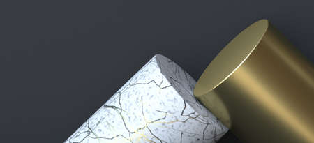 Abstract background made of white marble cylinder and golden one 3D render illustration on black...