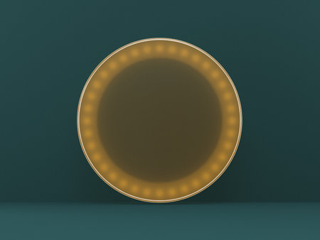 Mock up podium for product presentation Orange plastic circle with led lights 3D render illustration on green backgroundの写真素材