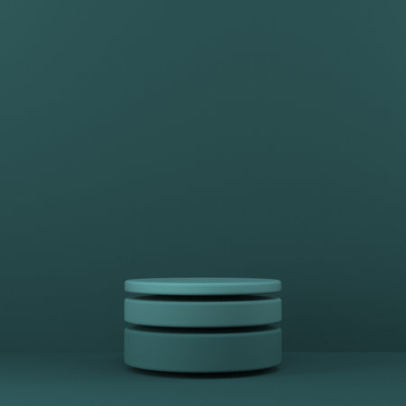 Mock up podium for product presentation three gradient colored cylinders 3D render illustration on green backgroundの写真素材