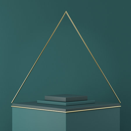 Mock up podium for product presentation golden wire pyramid 3D render illustration on green backgroundの写真素材