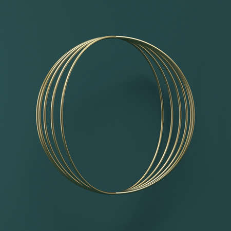 Mock up podium for product presentation rotation of golden ring 3D render illustration on green backgroundの写真素材