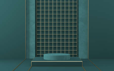 Mock up podium for product presentation golden mesh and pastel green walls 3D render illustration on...