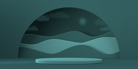 Mock up podium for product presentation abstract landscape in circle frame 3D render illustration on green backgroundの写真素材