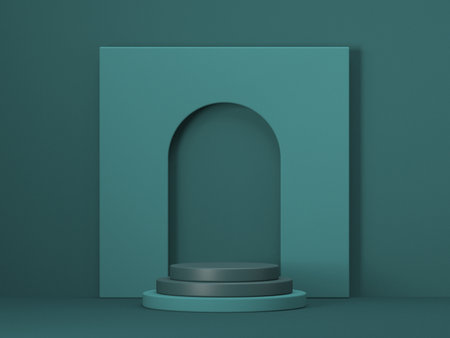Mock up podium for product presentation with light green door 3D render illustration on green backgroundの写真素材