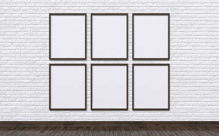 Mock up six empty photo frames with white brick wall and wooden floor 3D render illustrationの写真素材