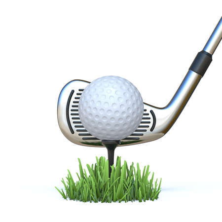 Golf ball with golf club 3D render illustration isolated on white backgroundの写真素材