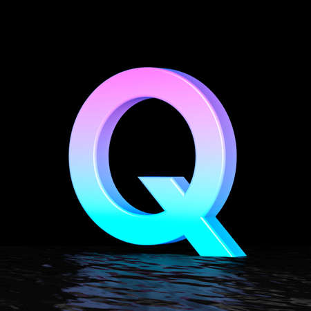 Cyan magenta font Letter Q 3D render illustration isolated on black backgroundの写真素材