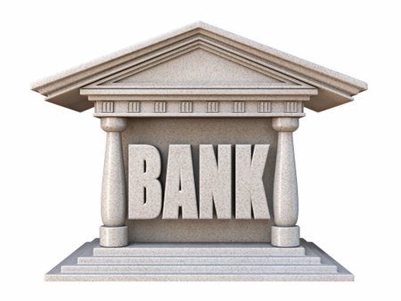 Bank building front view 3D render illustration isolated on white backgroundの写真素材