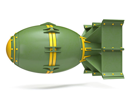 Yellow green cartoon aerial bomb 3D render illustration isolated on white backgroundの写真素材