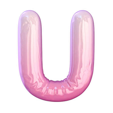 Pink latex glossy font Letter U 3D rendering illustration isolated on white backgroundの写真素材