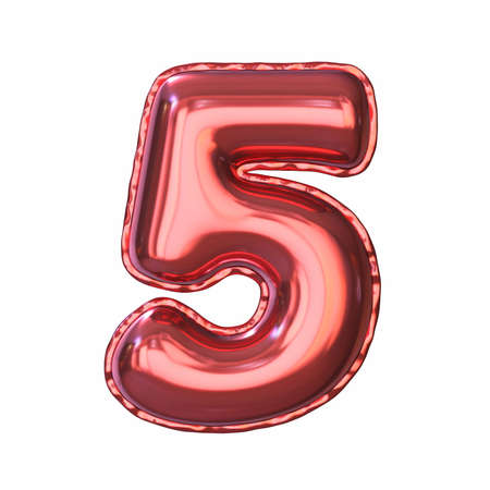 Red metallic balloon font Number 5 FIVE 3D rendering illustration isolated on white background