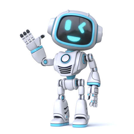 Cute blue robot waving hand 3D rendering illustration isolated on white backgroundの写真素材