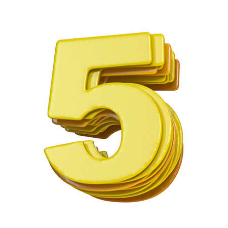 Yellow font Number 5 FIVE 3D render illustration isolated on white backgroundの写真素材