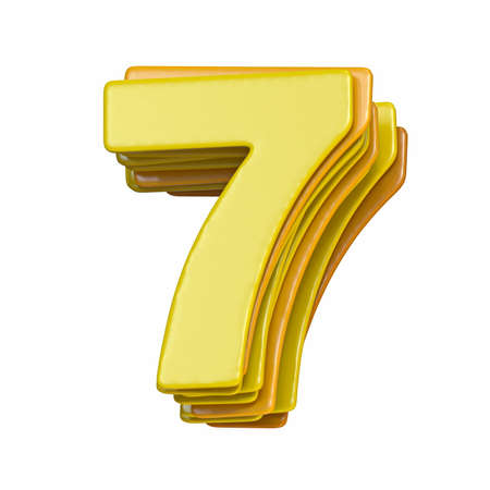 Yellow font Number 7 SEVEN 3D render illustration isolated on white backgroundの写真素材